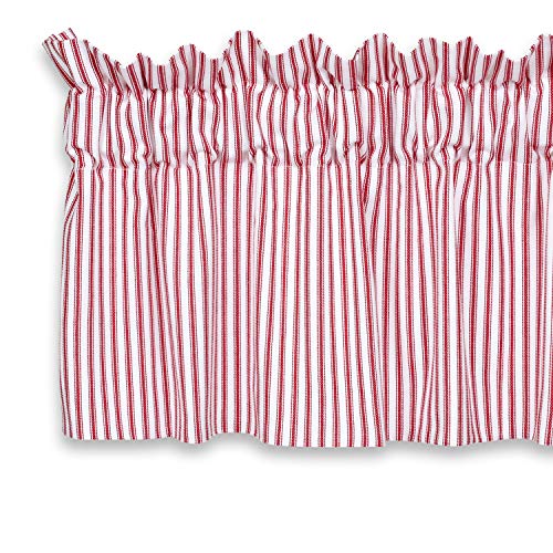 Red and White Ticking Stripe Valance Curtain - 54 W x 17 L, Fully Lined, Cotton