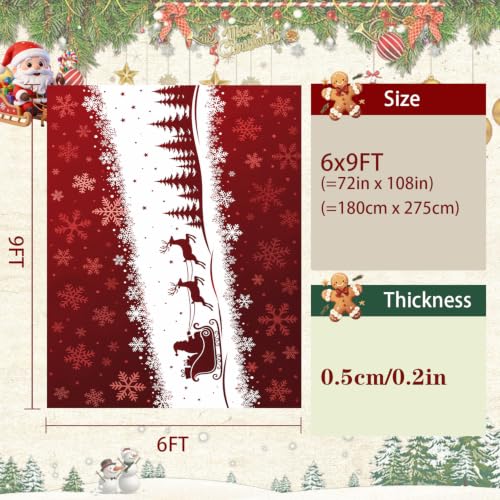 Christmas Area Rug 6x9 ft - Red Santa Sleigh Reindeer Winter Decor - Xmas04