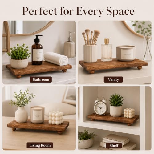 Wood Pedestal Stand for Kitchen Counter 11.81 x 7.0 x 1.5 Inches - Rustic Wooden Display Tray
