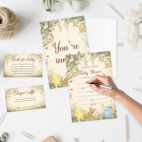 Winnie Baby Shower Invitations Set with Diaper Raffle & Book Request Cards