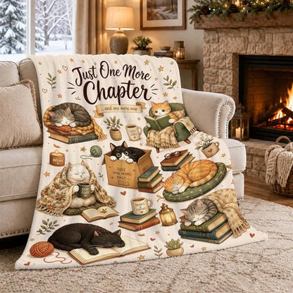 Book Lover Cat Flannel Blanket Reading Gift for Women Beige 80 x 60 inches