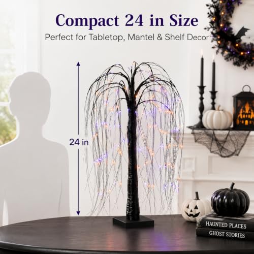 Halloween Black Lighted Willow Tree 24 Inch Tabletop Decor with 192 LED Lights - Purple Orange Lights, 8 Lighting Modes