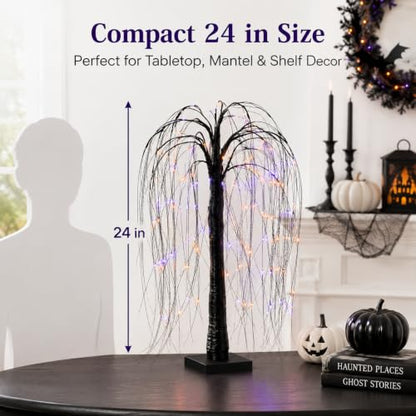 Halloween Black Lighted Willow Tree 24 Inch Tabletop Decor with 192 LED Lights - Purple Orange Lights, 8 Lighting Modes