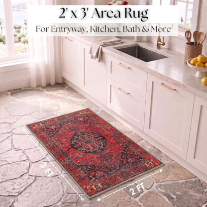 Aura Washable 2x3 Entryway Rug - Turkish Boho Burgundy Red Rust