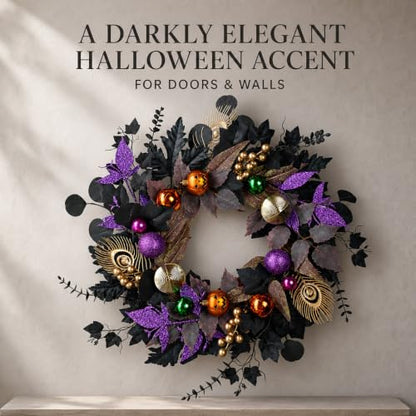 Halloween Wreath with Lights 22-Inch Black and Purple Front Door Decor
