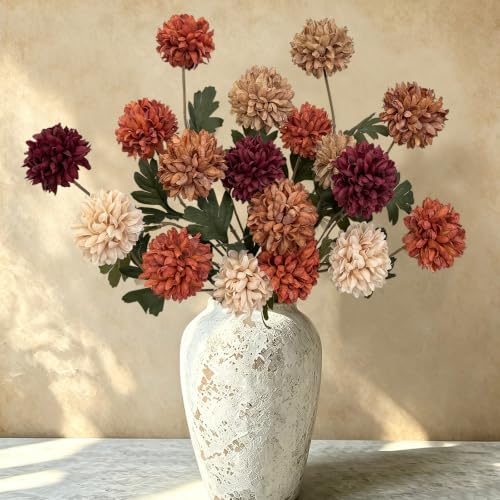 Artificial Fall Flowers 27Inch Faux Pompon Mums - Mixed Colors, Set of 6