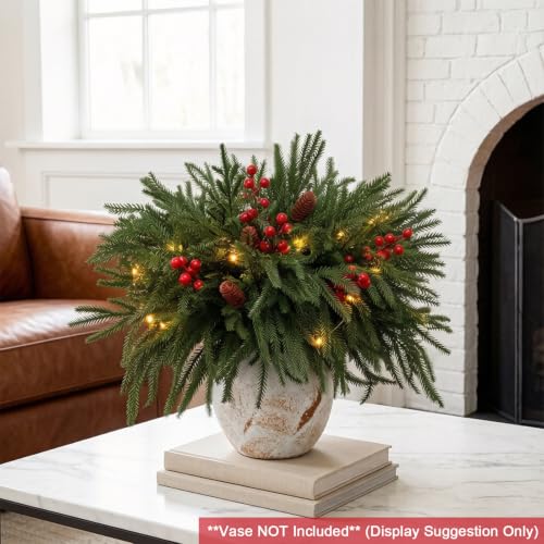 Green Pine Branches with LED Lights and Berries - 24 Piece Holiday Decor Set