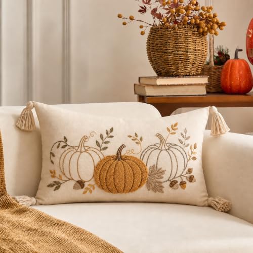 Berchaoki Embroidered Fall Lumbar Pillow Cover 12x20 Inches - Neutral Pumpkin Decor