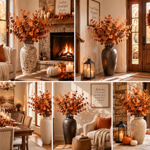 30-Inch Fall Eucalyptus Artificial Stem - Orange, Amber, Brown