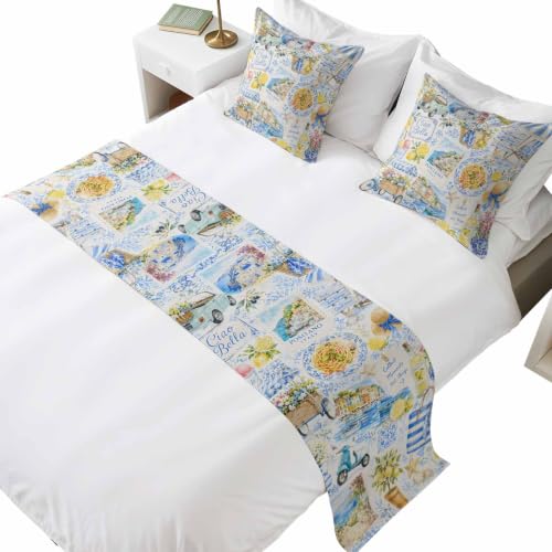 Summer Village Bed Runner & Pillow Cover Set Coastal Blue Lemon Yellow 102"