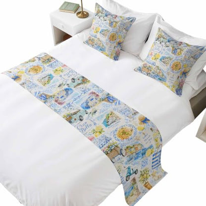 Summer Village Bed Runner & Pillow Cover Set Coastal Blue Lemon Yellow 102"