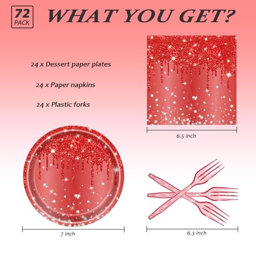 Red Glitter Disposable Paper Plates Set for Parties - 7 Inch, 72 Pcs with Napkins & Forks