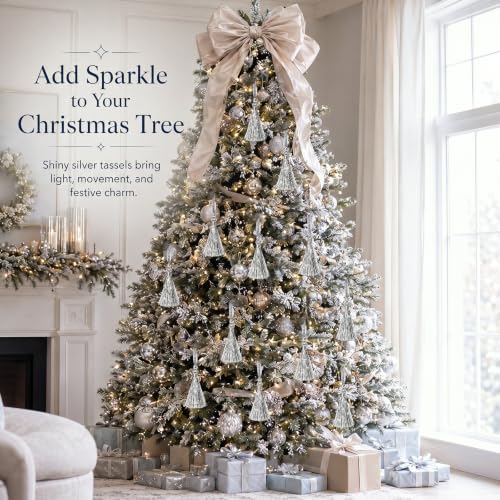 Silver Christmas Tinsel Tassel Ornaments - 12 Pack Holiday Tree Decor