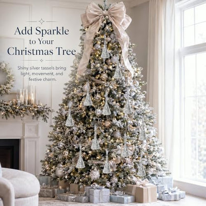Silver Christmas Tinsel Tassel Ornaments - 12 Pack Holiday Tree Decor