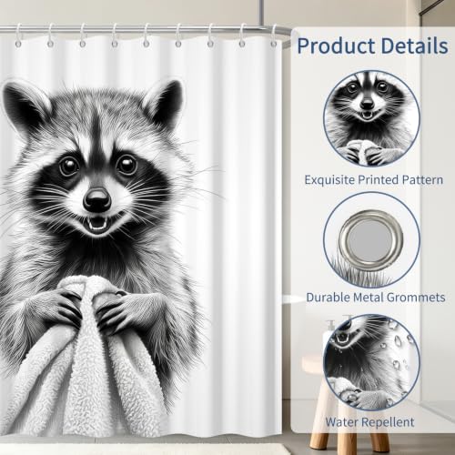 Funny Raccoon Shower Curtain with Hooks - 72x72 Inch Waterproof Polyester