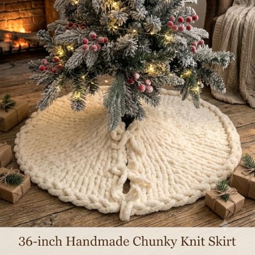 36 Inch Christmas Tree Skirt - Off-White Chunky Knit Handmade Decor