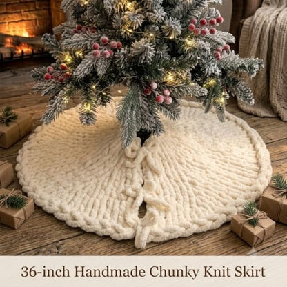 36 Inch Christmas Tree Skirt - Off-White Chunky Knit Handmade Decor