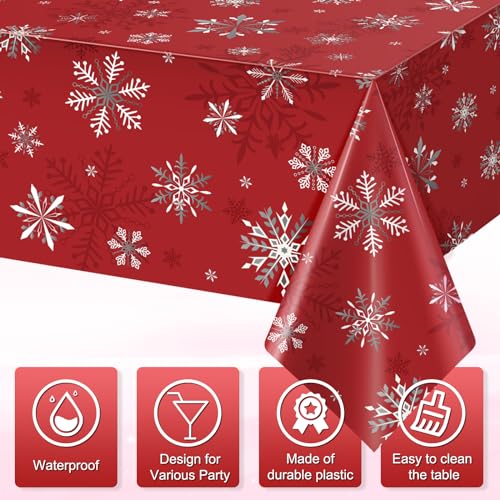 Red Snowflake Christmas Tablecloths - Pack of 3, 54 x 108 Inches, Disposable Holiday Decor