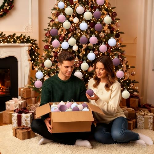 Velvet Christmas Balls 30 Pcs Flocked Holiday Ornaments - Pink Purple Variation