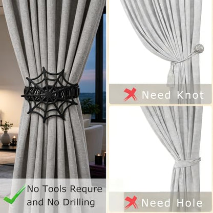 Halloween Spider Web Curtain Tiebacks - Black Gothic Drapes Decor, 2 Pack