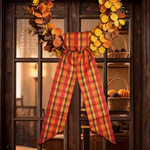 Fall Wreath Ribbon Sash Set - Red Autumn Harvest Buffalo Plaid 2 Pcs
