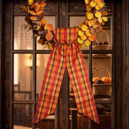Fall Wreath Ribbon Sash Set - Red Autumn Harvest Buffalo Plaid 2 Pcs