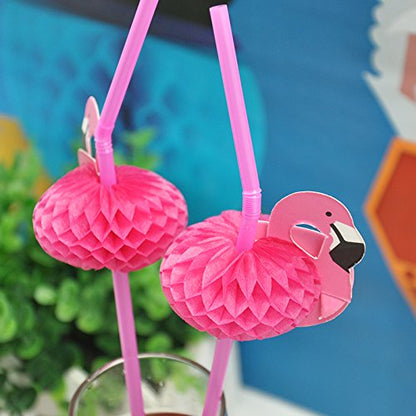 ALINK 50 Pink Flamingo Straws, Plastic Drinking Straws for Luau Party Supplies/Hawaiian/Birthday/Pool Party Decorations