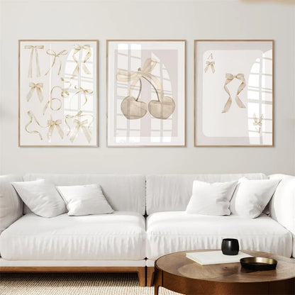 Framed Triptych Wall Art Set - Beige Coquette Bows Canvas with Frame - 22x16 Inches