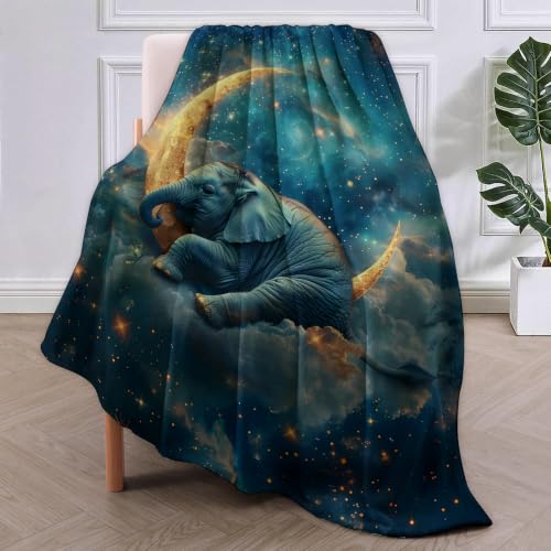Elephant Moon Star Fleece Blanket 50x60 Inches for Kids & Adults - Cozy Gift