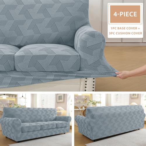 Light Grey 4-Piece Stretch Couch Cover for 72-90 Inch Sofa - Rectangle Pattern, Thick & Washable