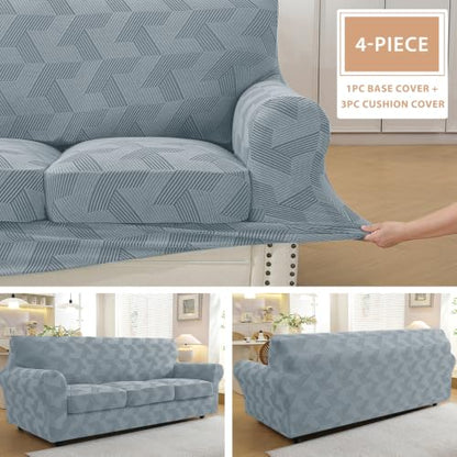 Light Grey 4-Piece Stretch Couch Cover for 72-90 Inch Sofa - Rectangle Pattern, Thick & Washable