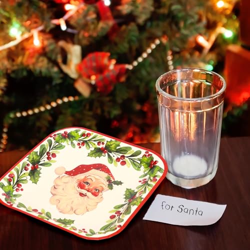 Christmas Paper Square Plates 9 Inch 40 Pack Vintage Santa Wreath Holiday Party Tableware