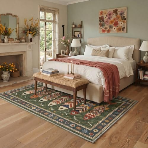 Fish Pattern Washable Area Rug - Non-Slip Boho Style Indoor Mat