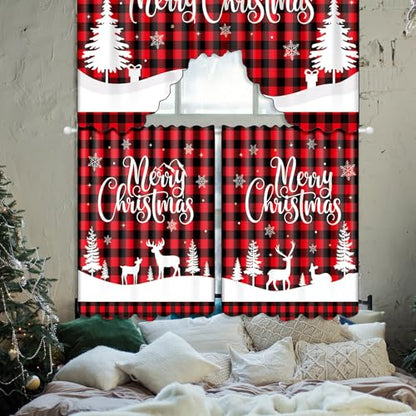 Christmas Kitchen Curtains Set - Red Black Buffalo Plaid Window Decor, 6 Pieces Variation 6