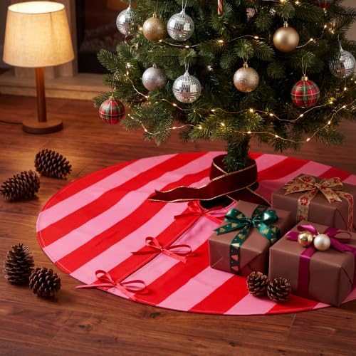 36-Inch Pink and Red Christmas Tree Skirt with Bow Ties - Holiday Decor