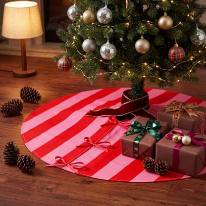 36-Inch Pink and Red Christmas Tree Skirt with Bow Ties - Holiday Decor
