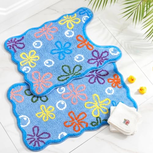 Cartoon Bubble Bath Rug Set Non-Slip Floral Bathroom Mat - Blue