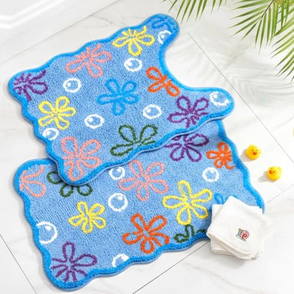 Cartoon Bubble Bath Rug Set Non-Slip Floral Bathroom Mat - Blue