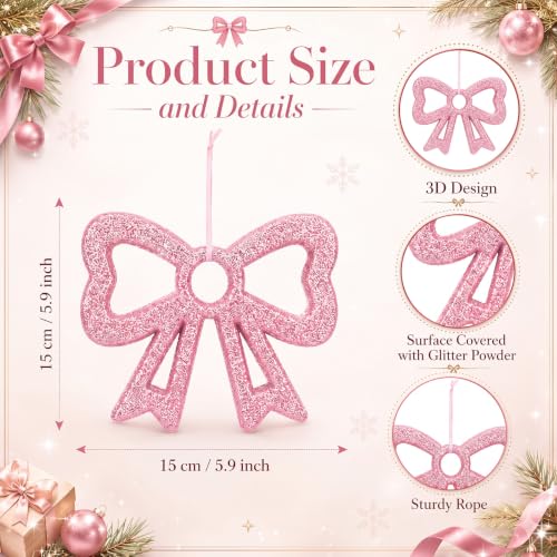Large Pink Christmas Bow Ornaments Set - 12 Glitter Foam Decorations