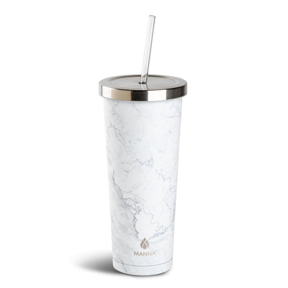 Manna Chilly Double-wall Vacuum Insulated Stainless Steel Tumbler with Splash-proof Lid and Reusable Tritan Straw - 24 Oz - White Marble