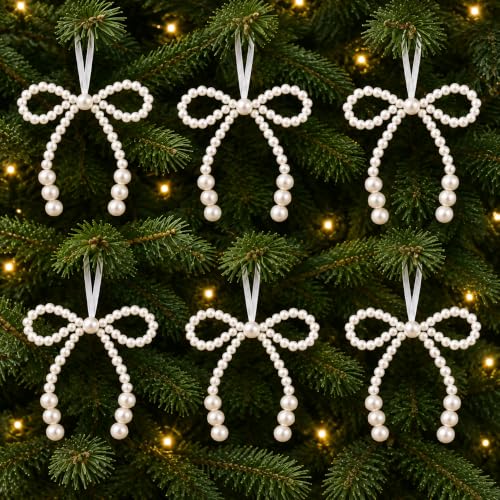 6 Pack White Pearl Bow Christmas Tree Ornaments - 4.7 Inch Holiday Decor