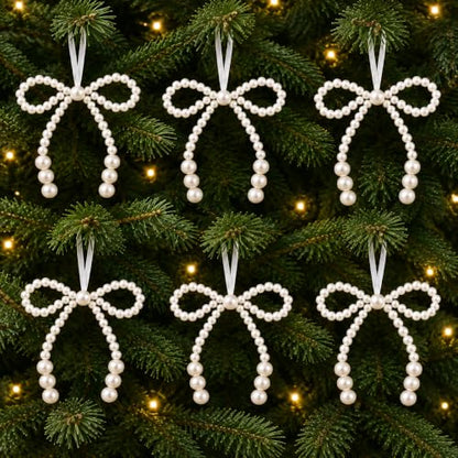 6 Pack White Pearl Bow Christmas Tree Ornaments - 4.7 Inch Holiday Decor