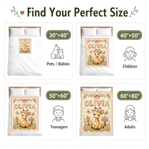 Personalized Baby Blanket with Name - Giraffe Design, Soft Plush, Custom Size