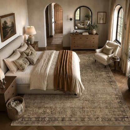 8' x 10' Brown Washable Non-Slip Low Pile Living Room Rug - Vintage Floral