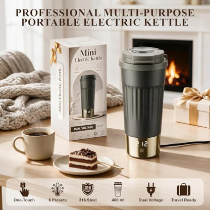 Titanium Gray Dual Voltage Travel Electric Kettle with 6 Temp LCD, 400ml