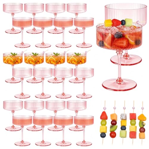 Pink Martini Glass Set 10 Oz Plastic Ribbed Coupe Glasses - Variation of Pink 24