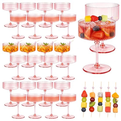 Pink Martini Glass Set 10 Oz Plastic Ribbed Coupe Glasses - Variation of Pink 24