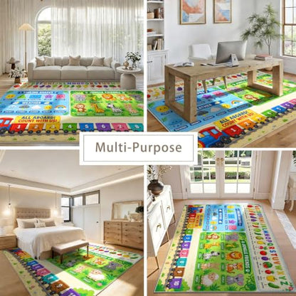 Kids Learning Rug - Alphabet Fruit Vegetable Number Train Carpet 5x6 Rectangular