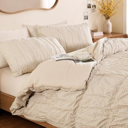 Ash Tan Gingham Queen Comforter Set - 3 Piece Ruched Bedding