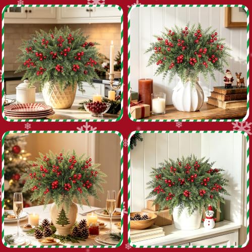 Artificial Christmas Norfolk Pine & Red Berry Stems - Green - 6 Bundles